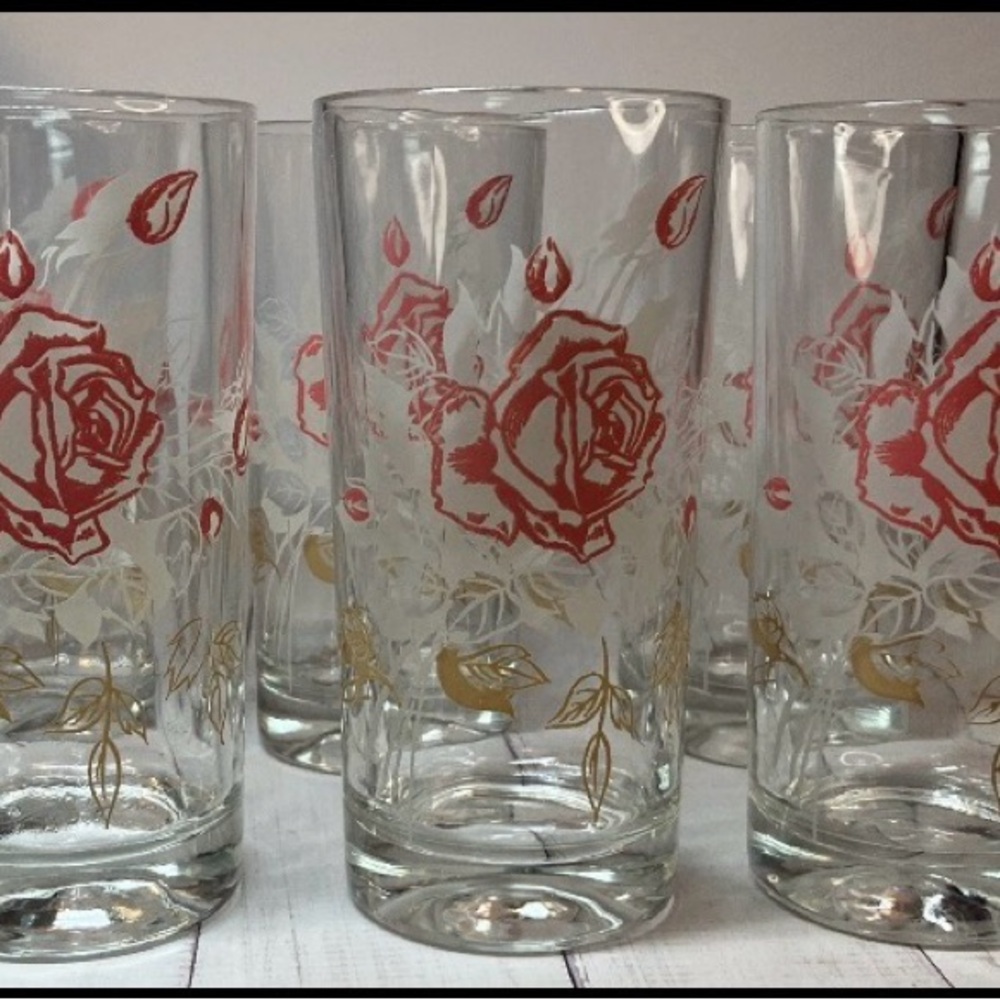 Vintage Mid Century Pink Rose Glasses Set Of 6 Boonton Tumbler Gold High Ball